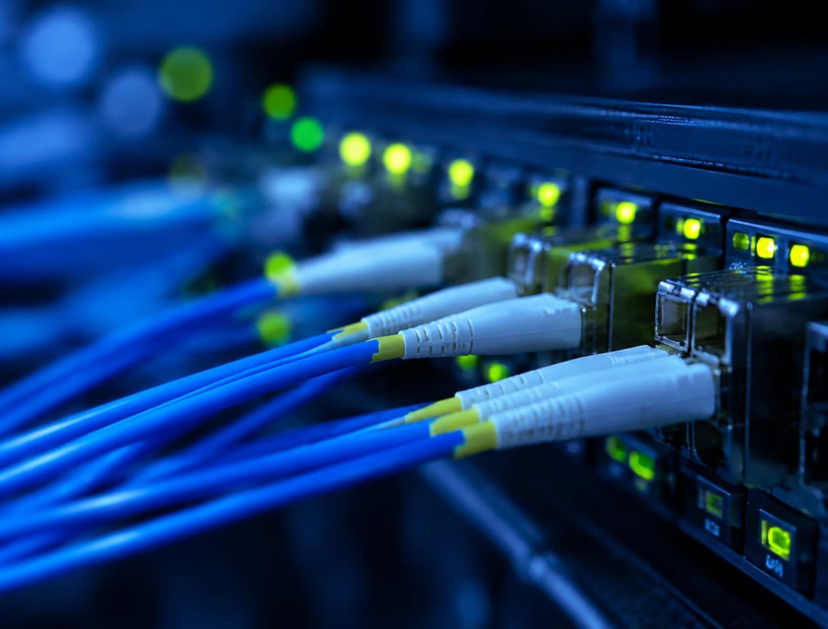 Fiber optic cables plugged into a network switch
