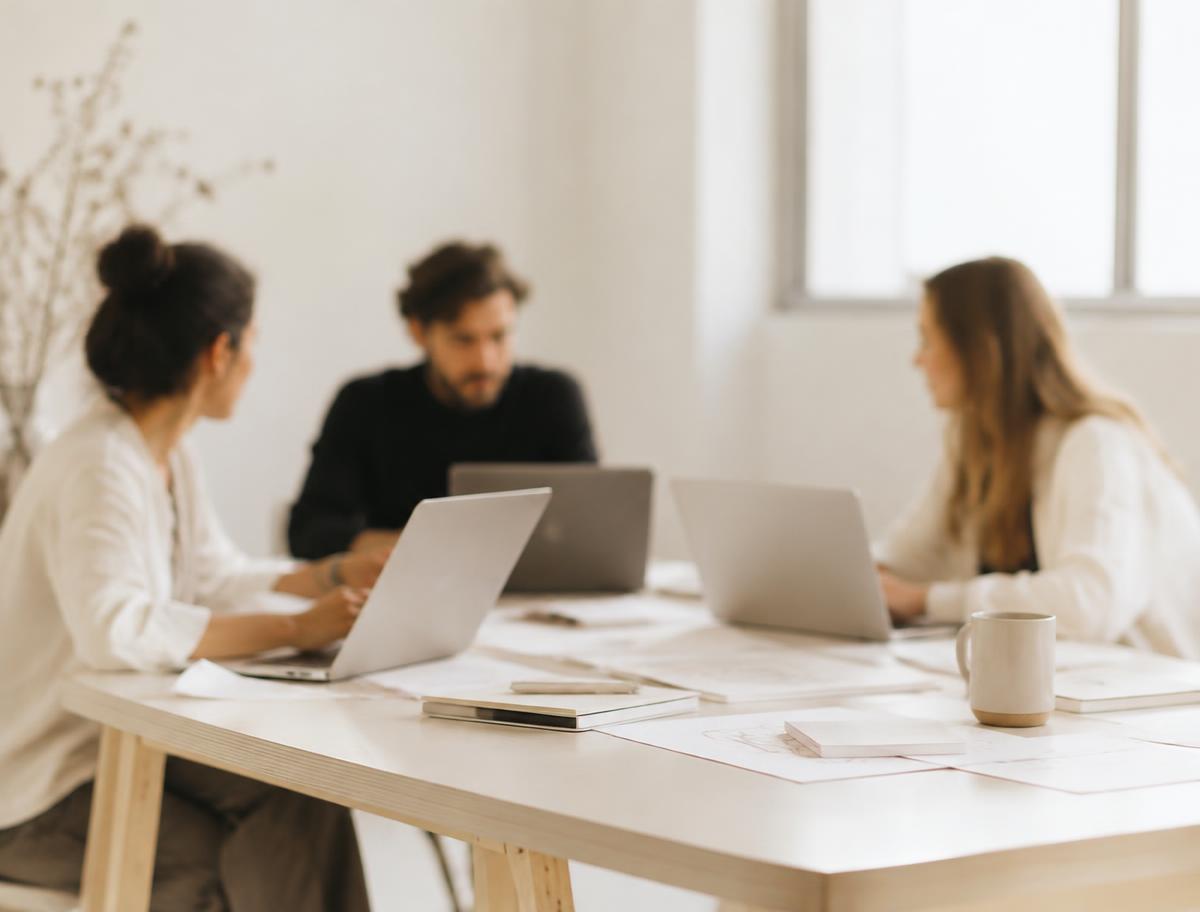 Team members working together around a table with laptops