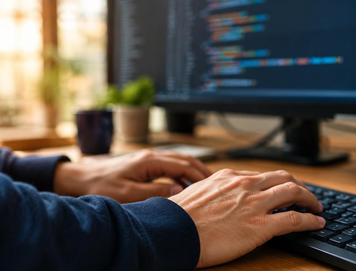 Developer writing code at a desk with a monitor in the background