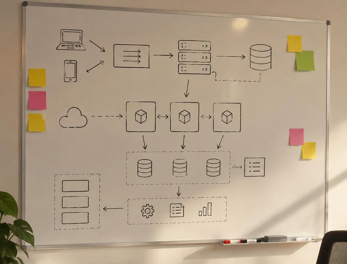 Whiteboard showing a hand-drawn architecture diagram of connected services